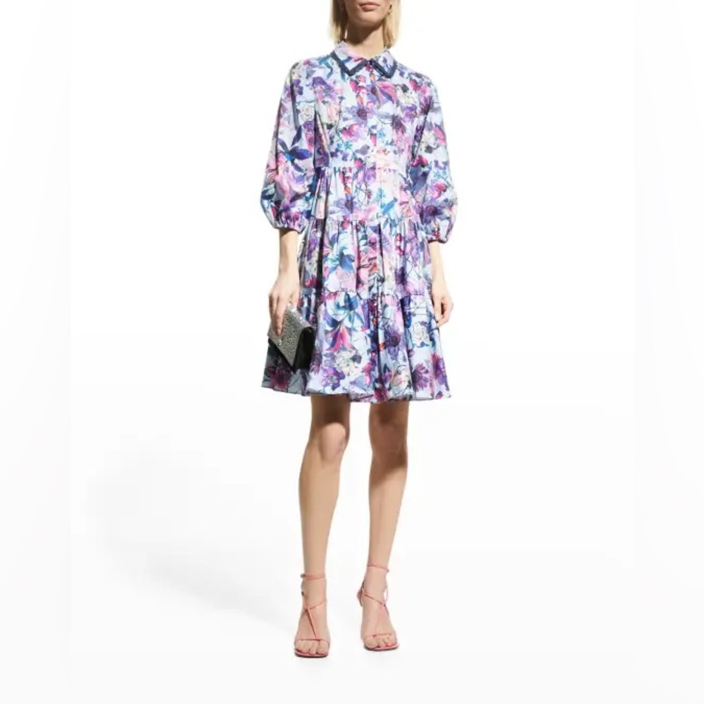 Marchesa Notte Tiered Floral Print Button Down 3/4 Sleeve Collared Mini Dress 0